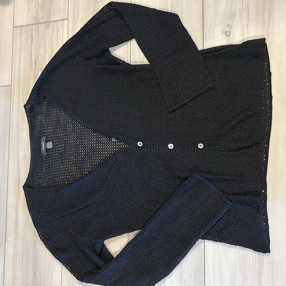 Alfani Black Open Knit Button Cardigan Sweater Size L Silk Blend Beaded Trim - Picture 1 of 4